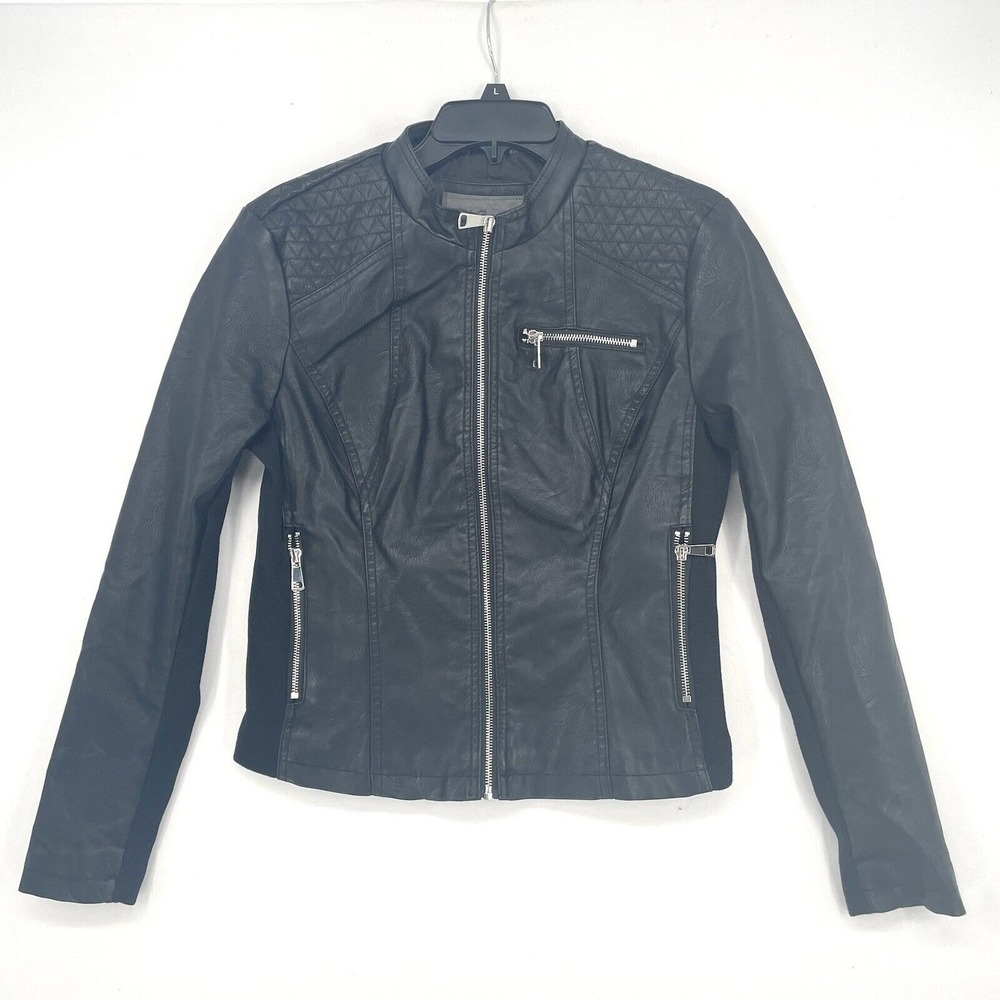 CI SONO By CAVALINI Black Faux Vegan Leather Moto Jacket Size Large Fabric Panel